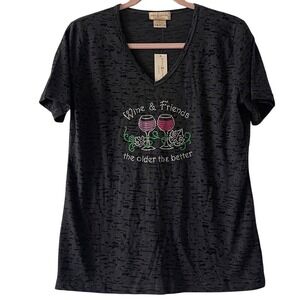 Isaac's Designs Rhinestone Wine and Friends Burnout VNeck T Shirt Large NWT